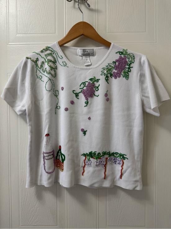 Lisa international Tops - Lisa International White Short-Sleeve Tee with Purple & Green Embroidery
